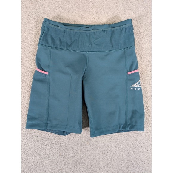 Nike Trail Dri-FIT Shorts Womens Small Teal Compression Running Pockets Back Zip - Picture 1 of 9
